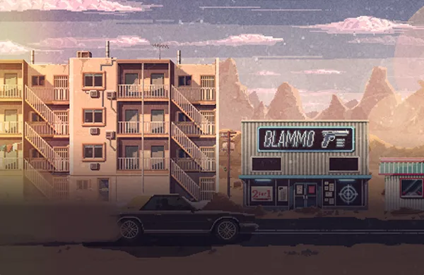 A postcard from Paradice City — apartment blocks and the Blammo 75 sign
