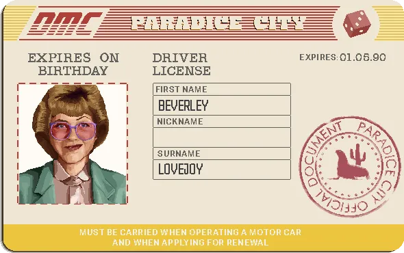 Beverley Lovejoy's Paradice City driver's licence