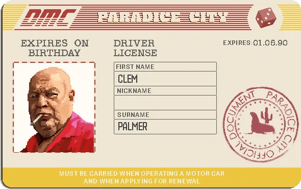 Clem Palmer's Paradice City driver's licence