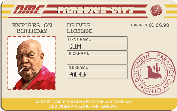 Clem Palmer's Paradice City driver's licence