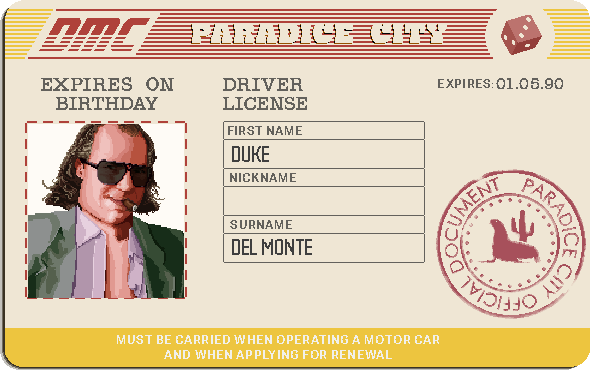 Duke Del Monte's Paradice City driver's licence