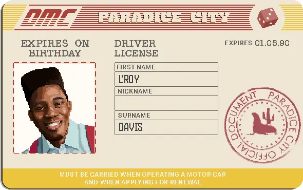 L'Roy Davis's Paradice City driver's licence