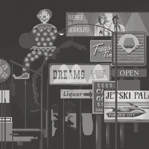 Newspaper photo of a Paradice City street at night, neon signs stacked over each other all the way up