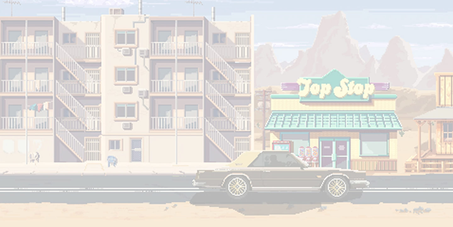 The main strip of Paradice City — the Top Stop, Chevy's, a car parked outside
