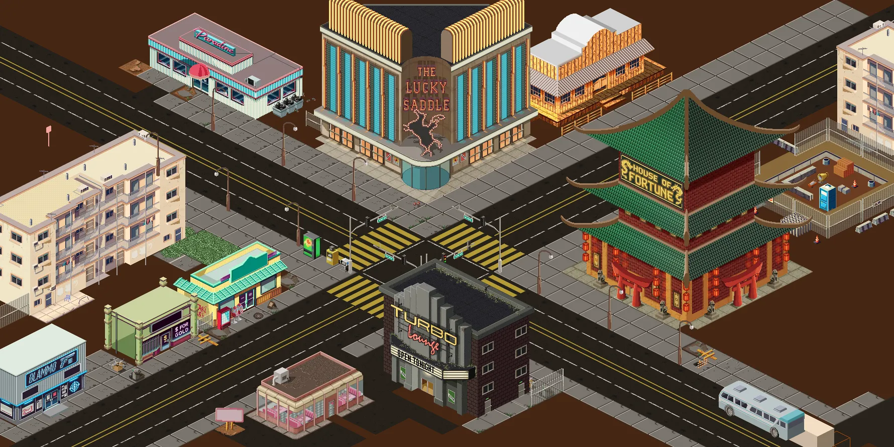 Paradice City from above — the Turbo Lounge, Glammo, the House of Fortune