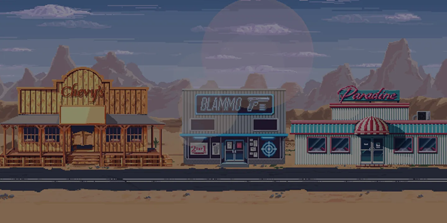Chevy's, Blammo and the Paradise diner on the main strip, mountains behind