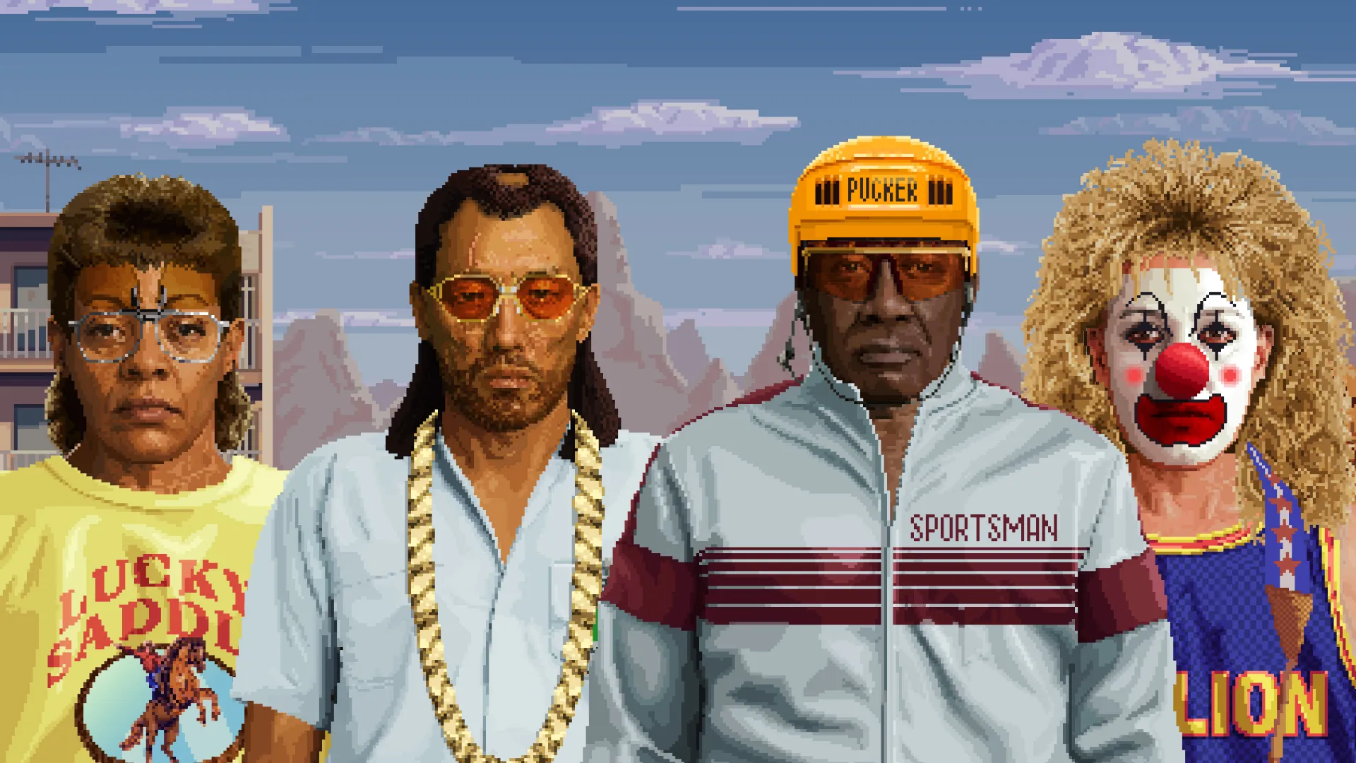 Four Paradice City locals in 80s outfits, one in clown face paint, against the desert skyline