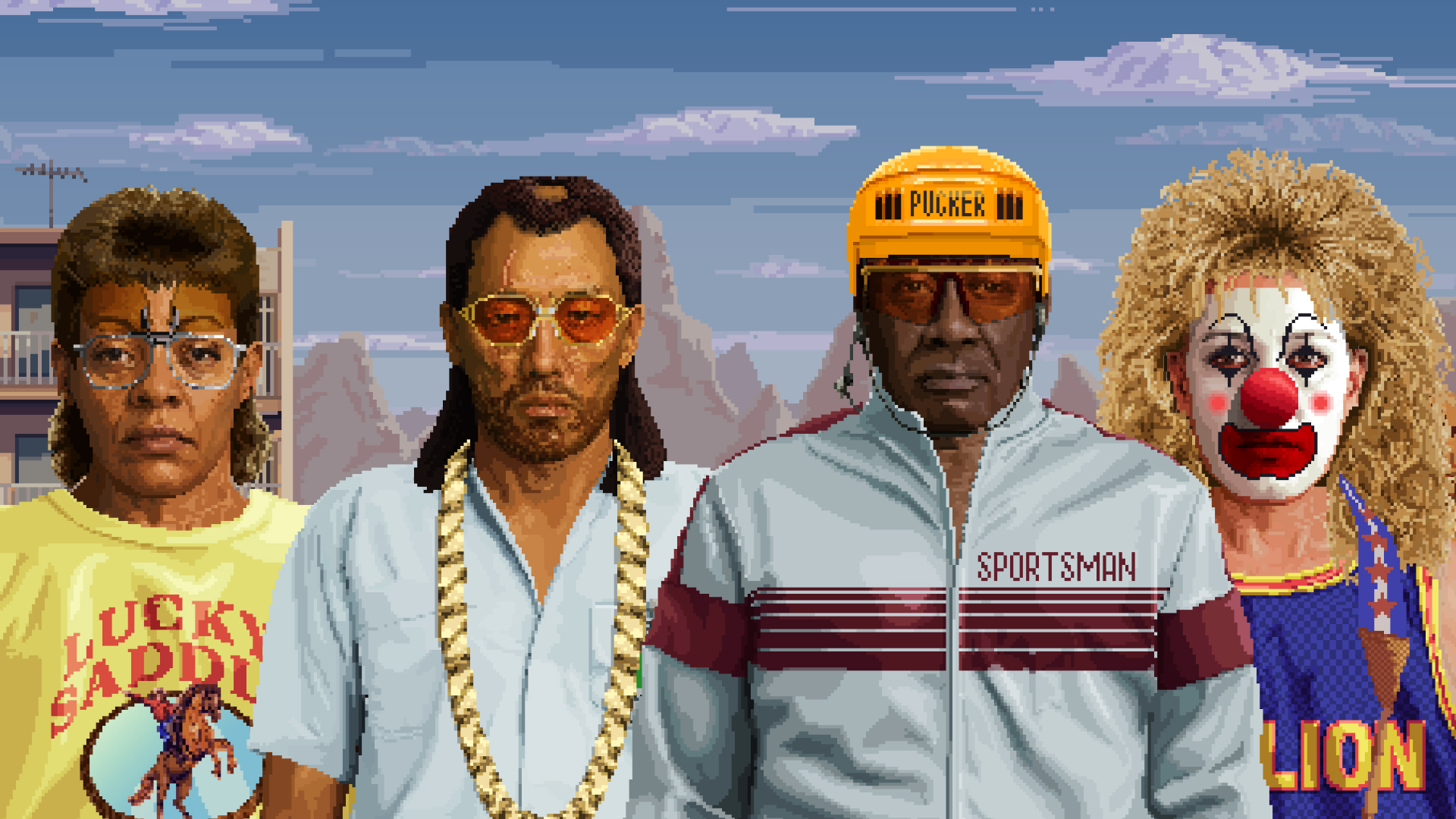 Four Paradice City locals in 80s outfits, one in clown face paint, against the desert skyline