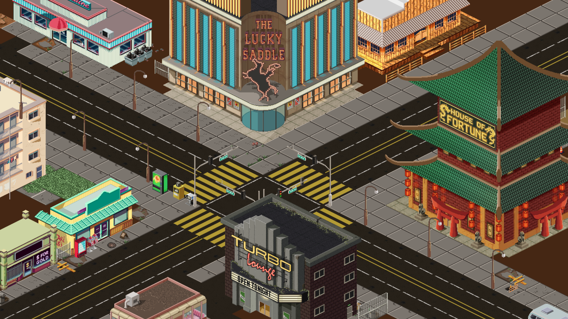 Paradice City from above: The Lucky Saddle, the House of Fortune and the Turbo Lounge at a crossroads