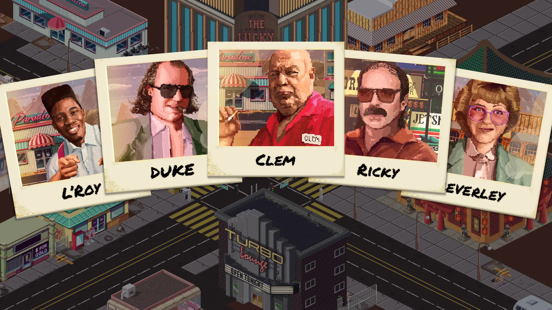 Polaroids of L'Roy, Duke, Clem, Ricky and Beverley laid over the city