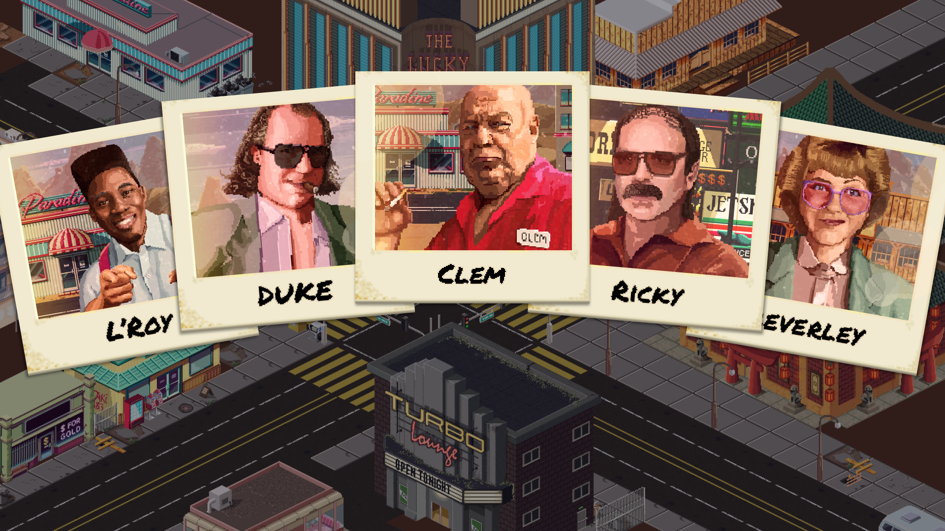 Polaroids of L'Roy, Duke, Clem, Ricky and Beverley laid over the city