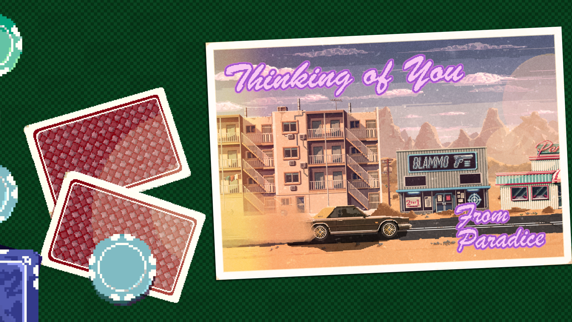 A "Thinking of you from Paradice" postcard on a card table with playing cards and chips