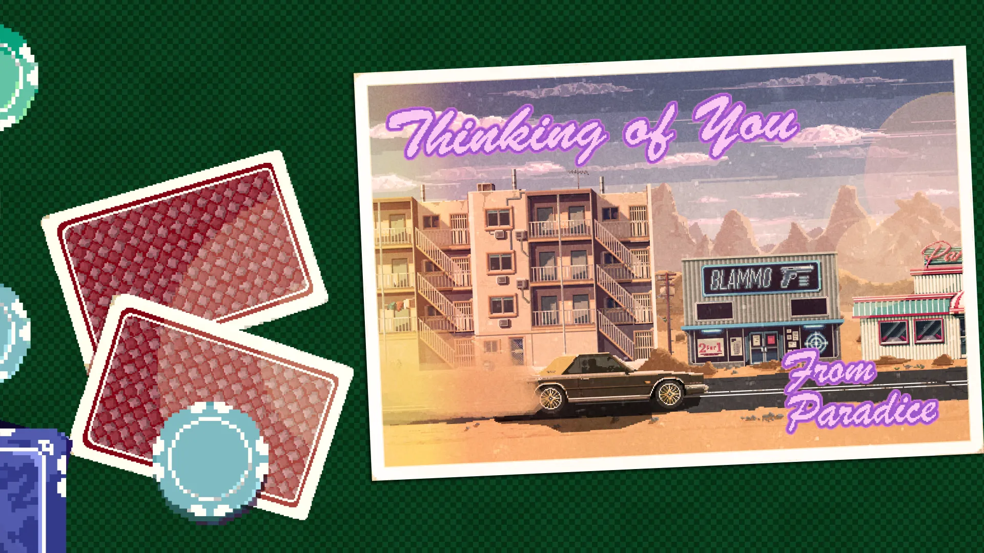 A "Thinking of you from Paradice" postcard on a card table with playing cards and chips