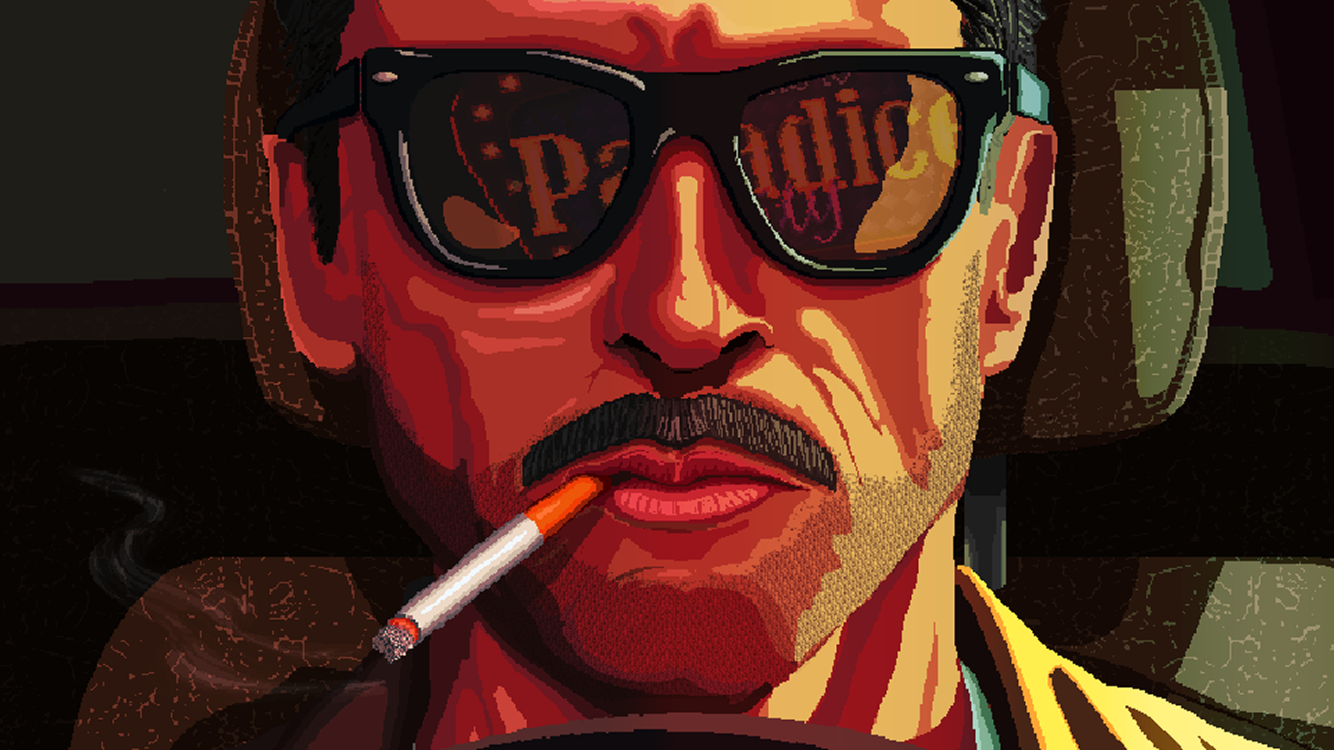 Close-up of Ricky Bellavance in sunglasses with a cigarette, the city reflected in his lenses