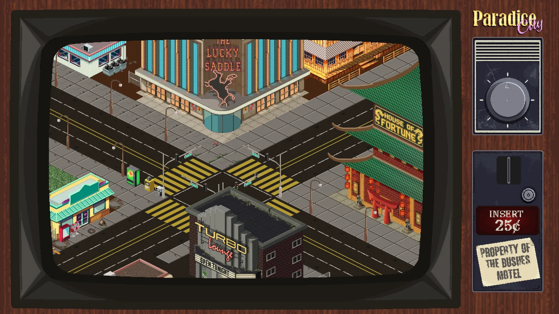 A coin-operated motel TV showing Paradice City from above