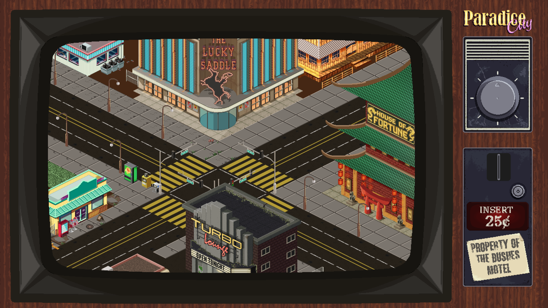 A coin-operated motel TV showing Paradice City from above