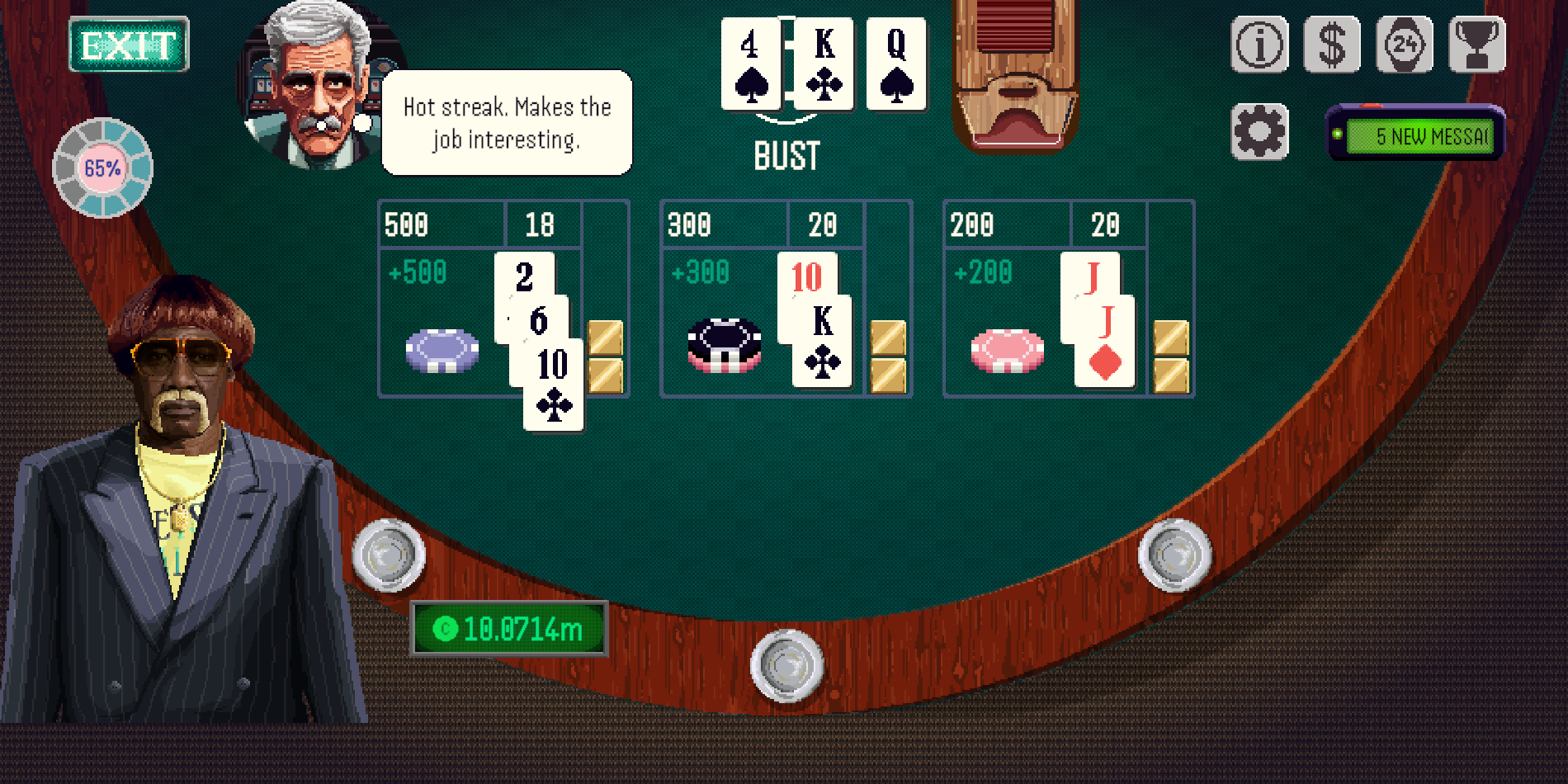 A blackjack table with three hands in play and the dealer busting