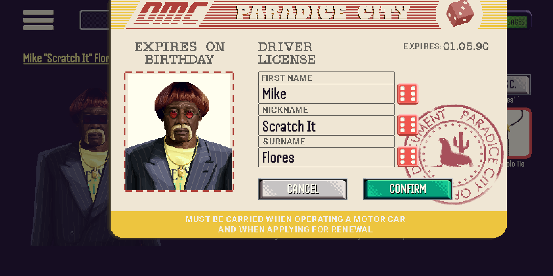 Creating a character: a Paradice City driver's licence with a name, nickname and photo