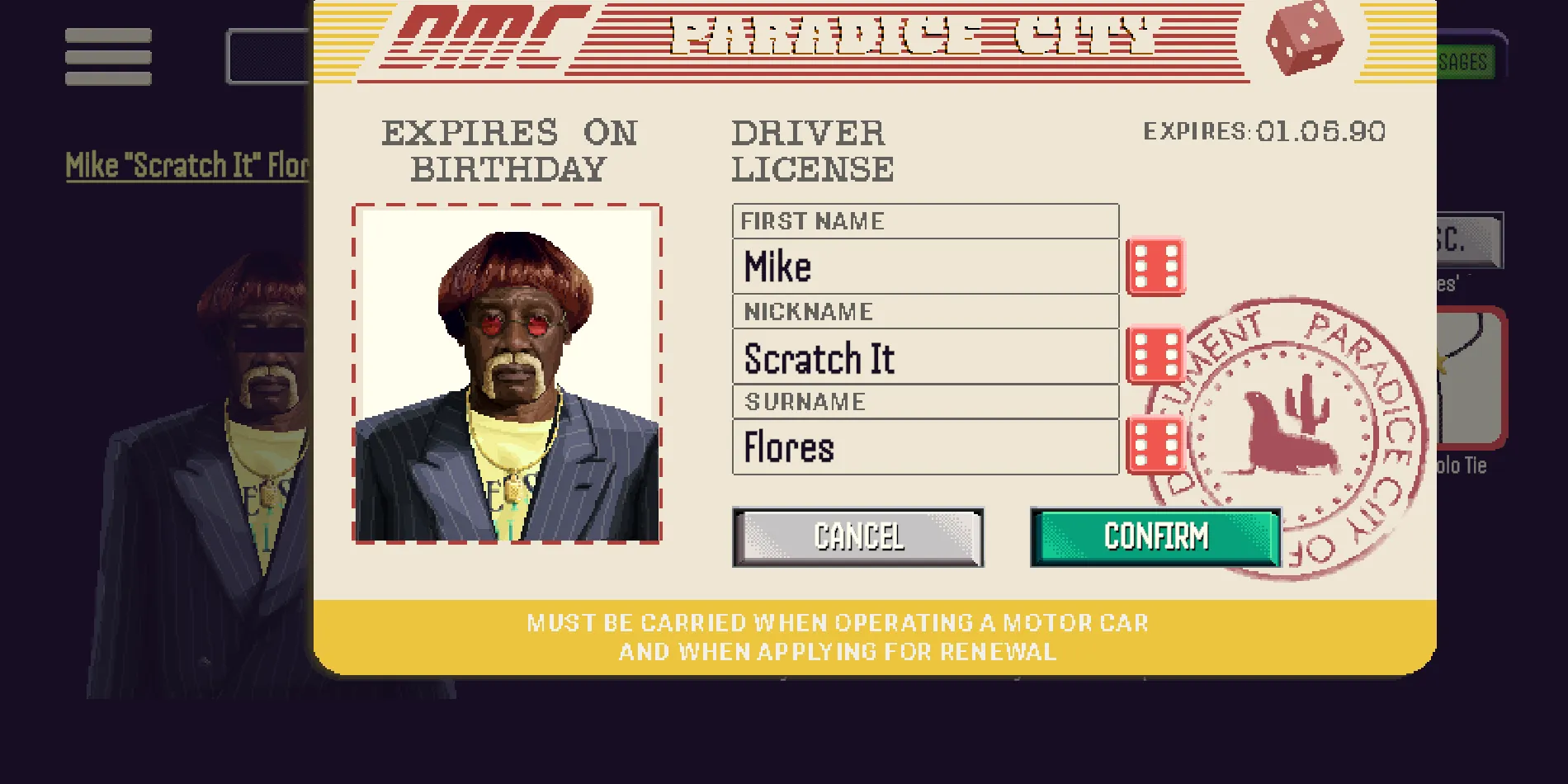 Creating a character: a Paradice City driver's licence with a name, nickname and photo