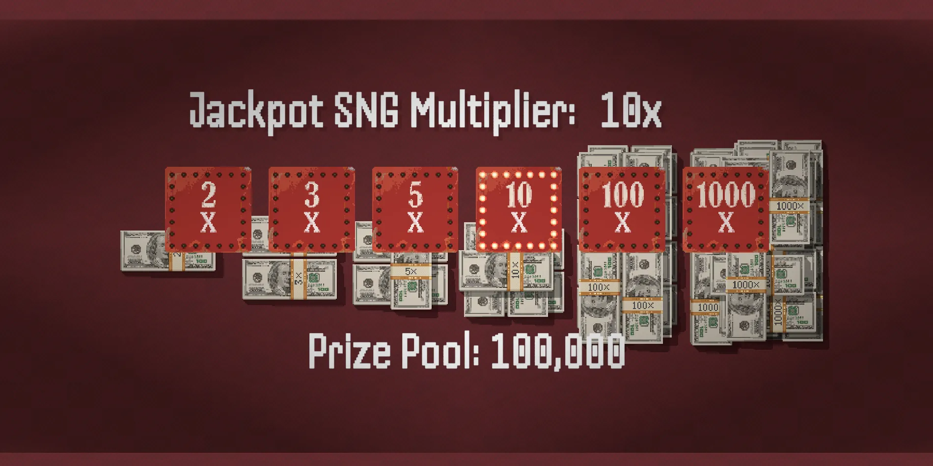 The Jackpot SNG multiplier reveal landing on 10x, for a 100,000-chip prize pool