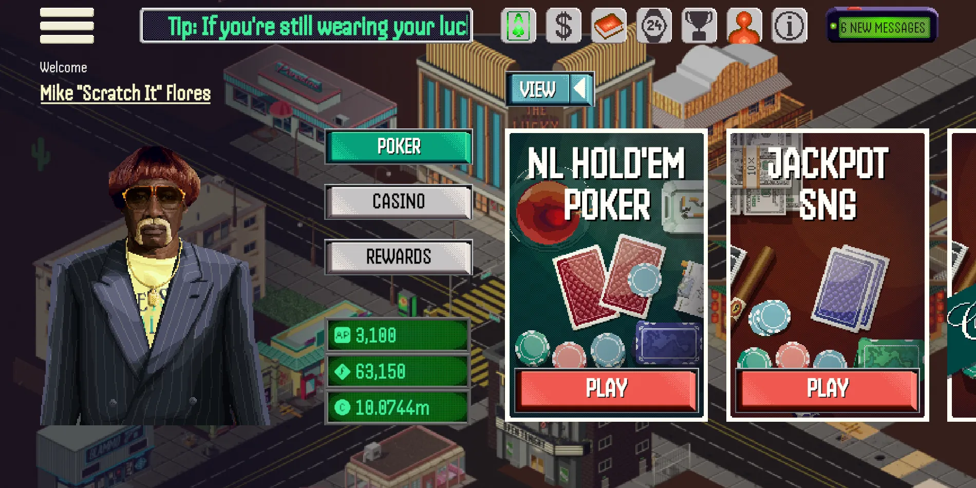 The PowerSuit lobby: a player's avatar beside the game cards, over an isometric map of Paradice City