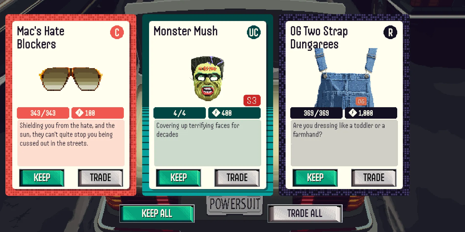 Opening an item pack: three avatar items, each with its rarity and supply