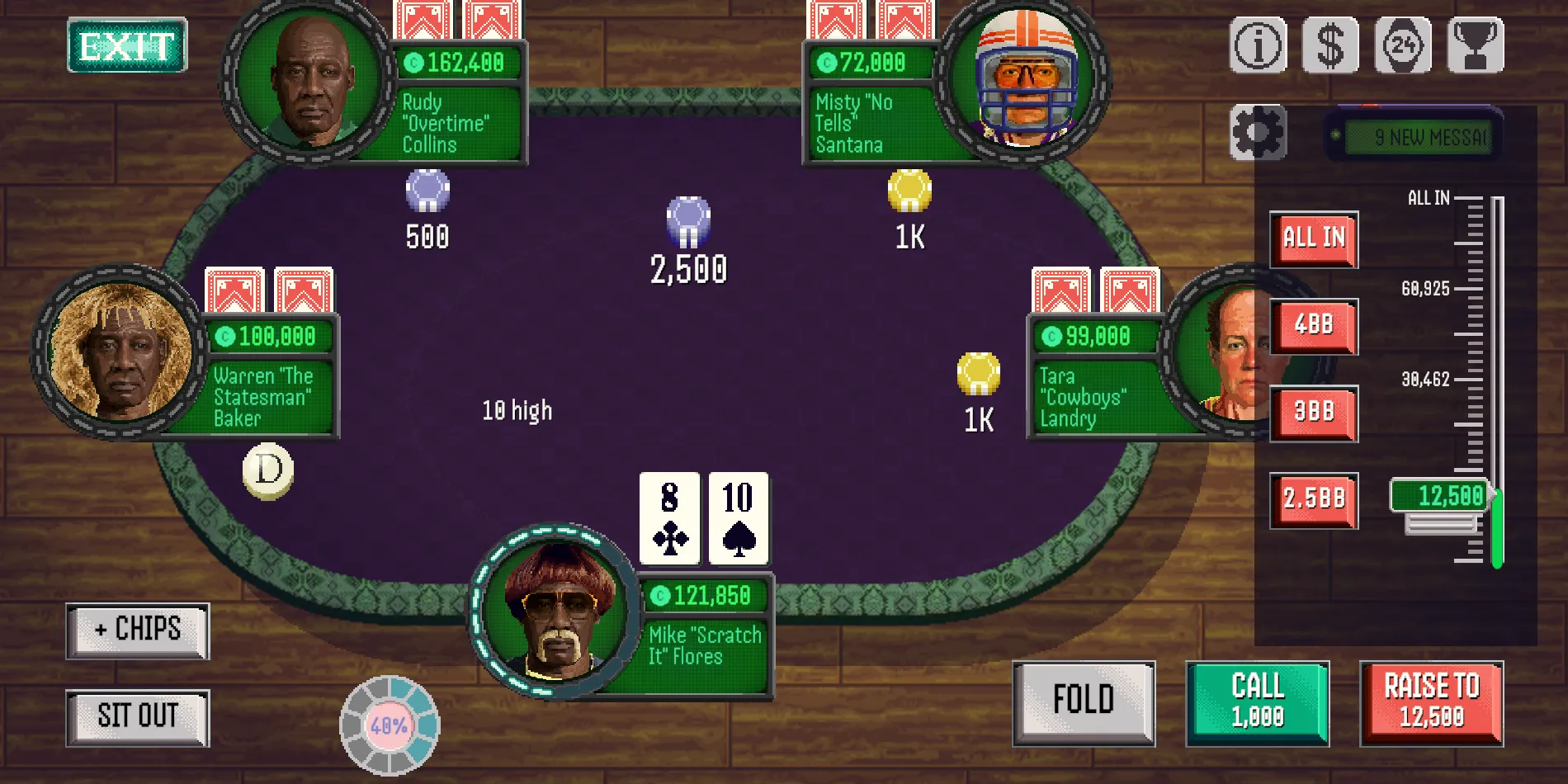 A Texas Hold'em hand in progress at a five-player table, with fold, call and raise buttons