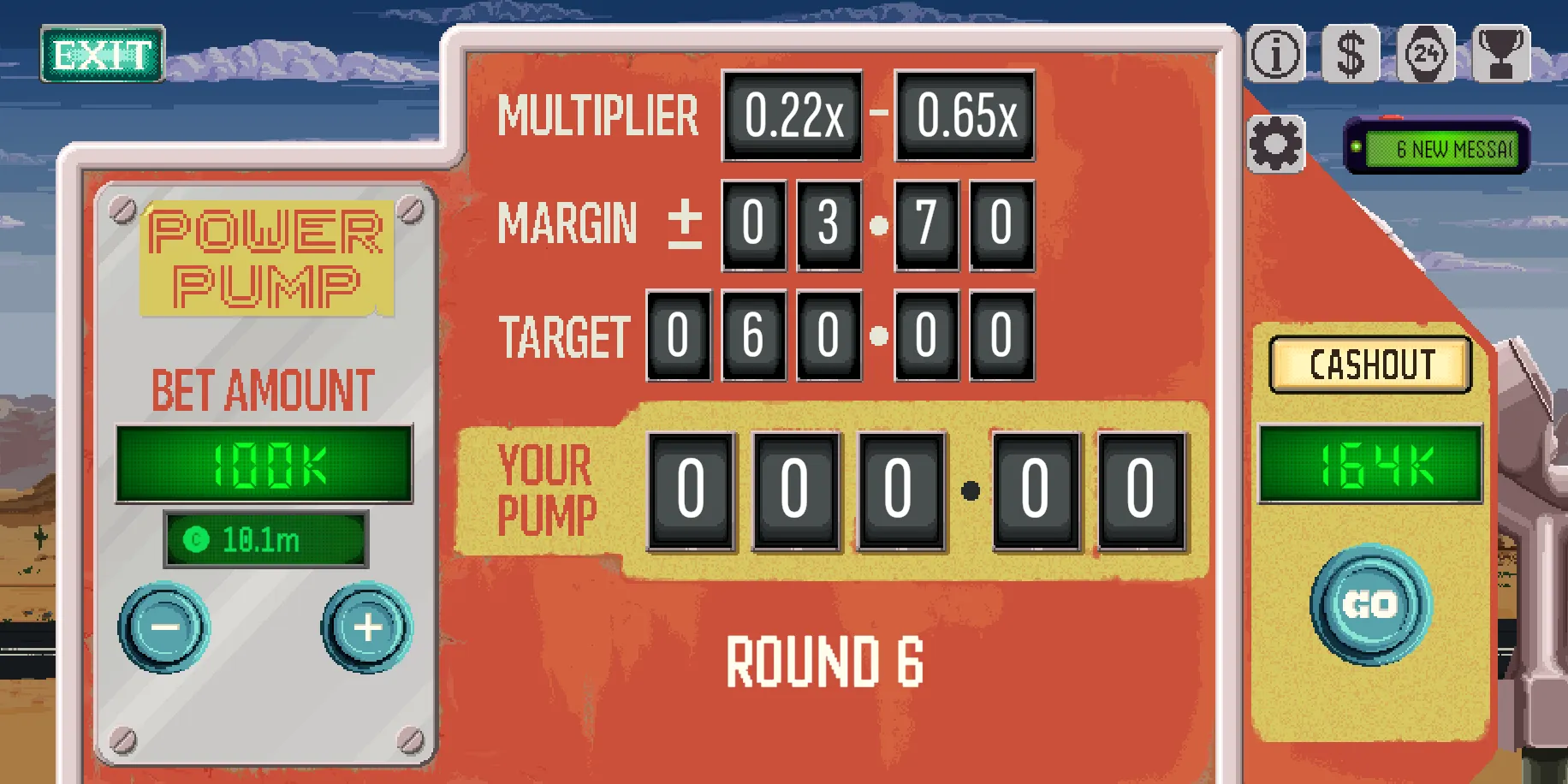 A round of PowerPump, the timing game, showing the target, margin and multiplier