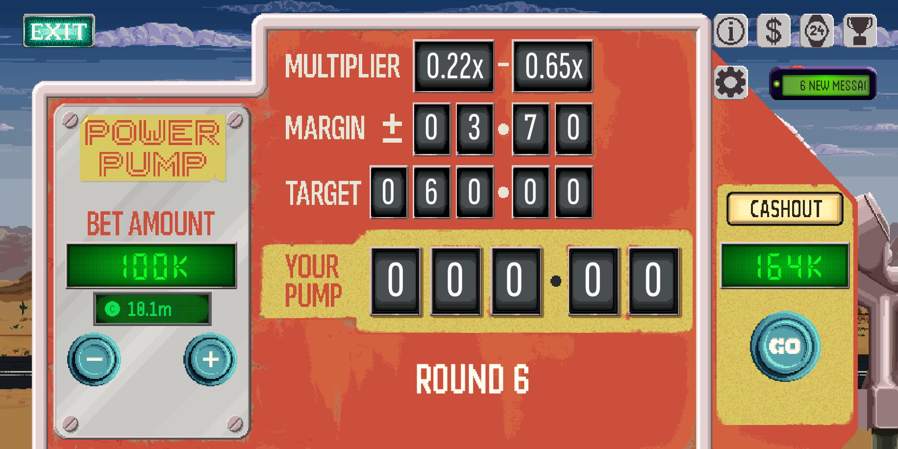 A round of PowerPump, the timing game, showing the target, margin and multiplier