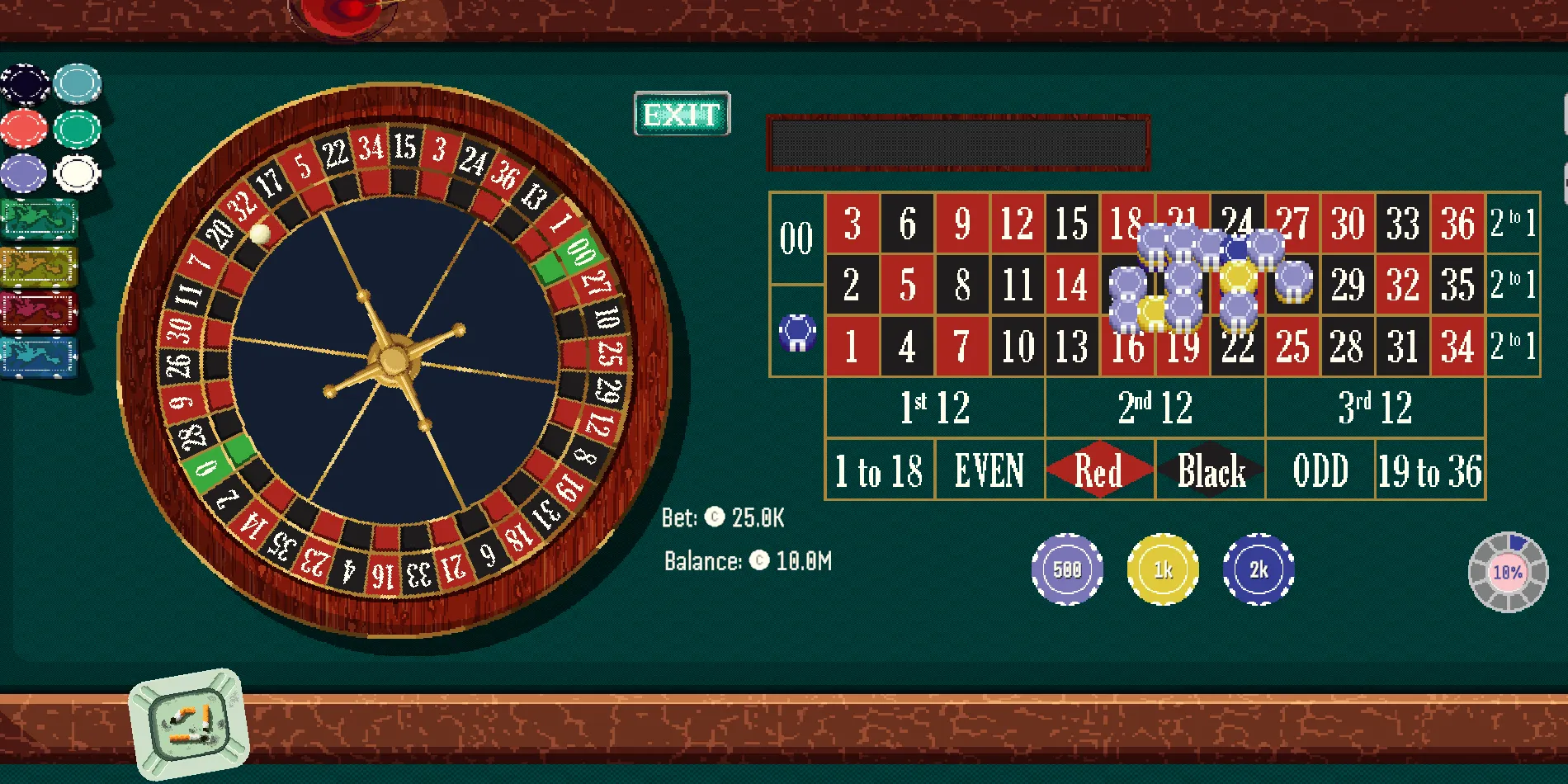 The American double-zero roulette wheel beside the betting table