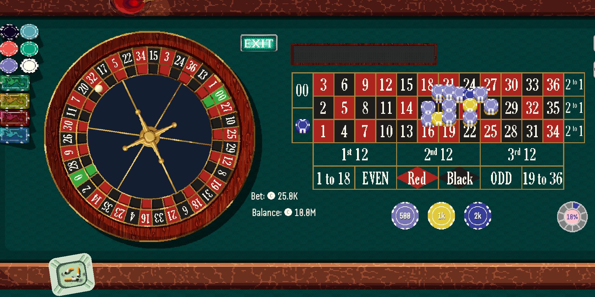 The American double-zero roulette wheel beside the betting table