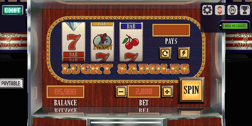 The Lucky Saddles slot machine in PowerSuit — three reels mid-spin, one payline
