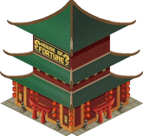The House of Fortune — a red and green pagoda lit with lanterns