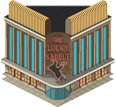 The Lucky Saddle — a gold-trimmed casino front with a bucking-horse neon sign
