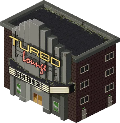 The Turbo Lounge — a brick block with a neon sign and a marquee reading Open Tonight